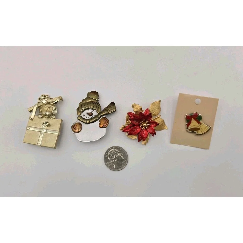 Lot of 4 Christmas Holiday Brooch Pins Snowman Puppy Pointsettia Vtg Bells